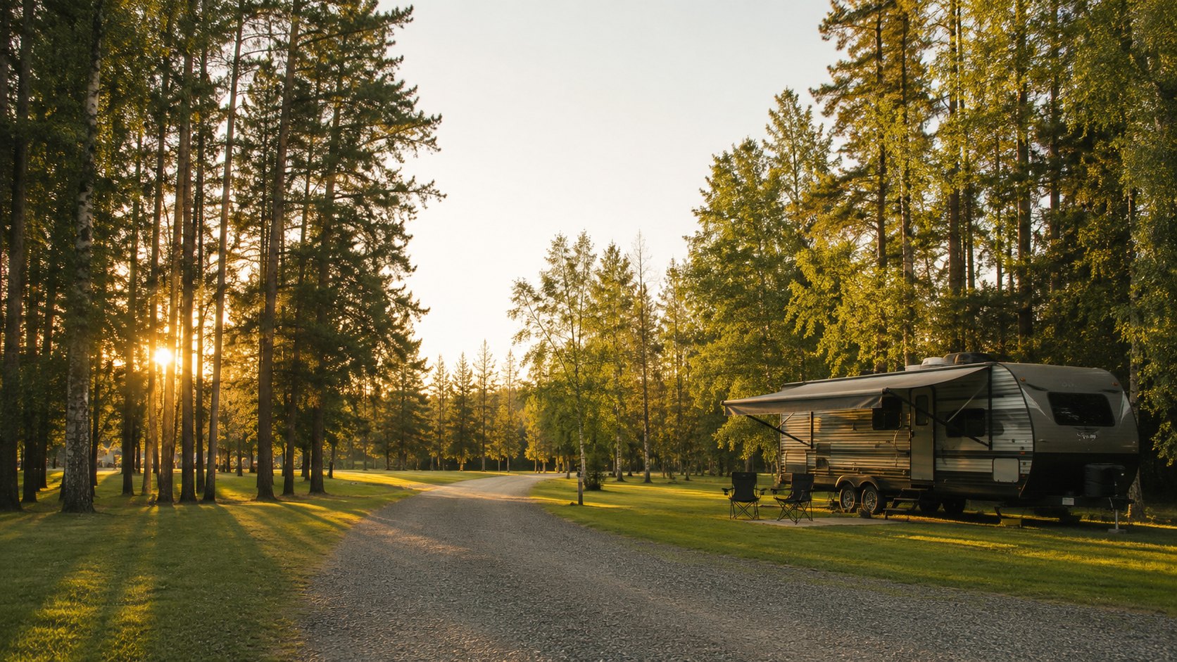 Travel trailer with awning out on a treed campsite at golden hour
